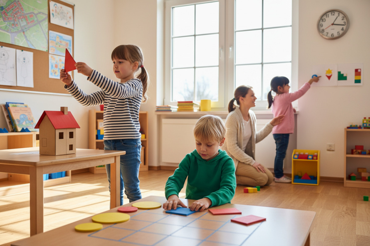 Die Bilder zeigen, wie Kinder geometrische Formen im Alltag sehen, sortieren, legen und sprachlich mit vertrauten