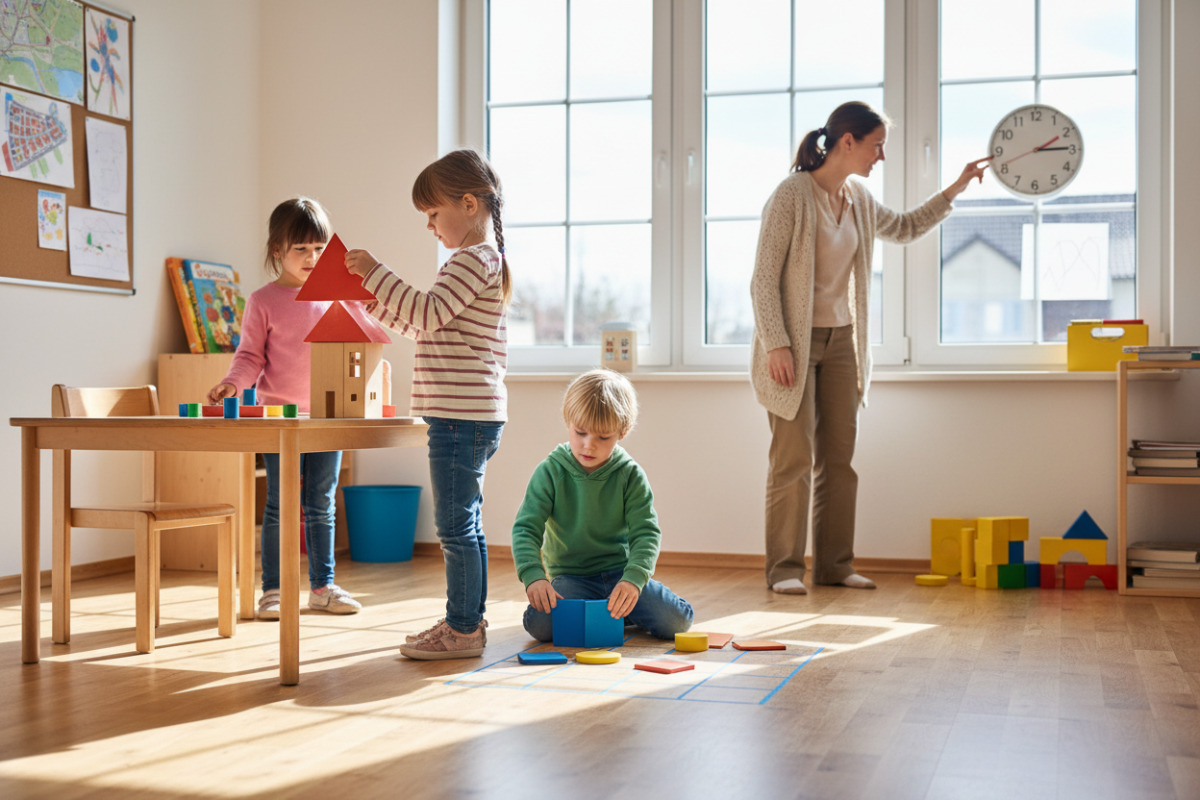 Die Bilder zeigen, wie Kinder geometrische Formen im Alltag sehen, sortieren, legen und sprachlich mit vertrauten