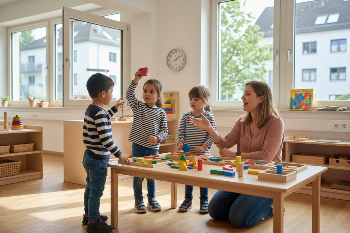 Die Bilder zeigen, wie Kinder geometrische Formen im Alltag sehen, sortieren, legen und sprachlich mit vertrauten