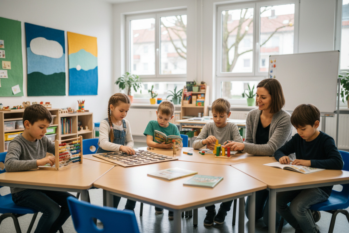 Die Bilder zeigen Alltagssituationen, in denen Grundschulkinder mit Ruhe, Struktur und kleinen Schritten lernen können.