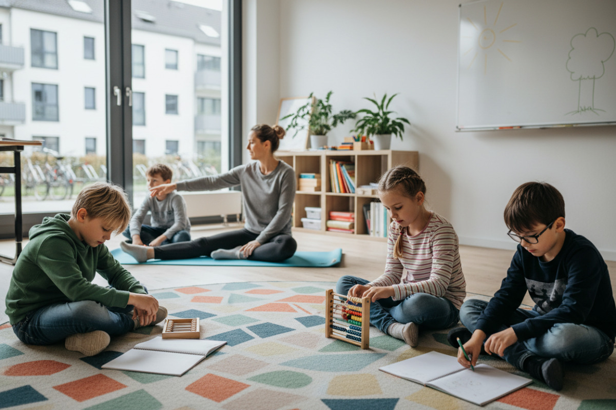 Die Bilder zeigen ruhige Lernsituationen, Bewegungspausen und kleine Alltagsrituale, die Konzentration in der .