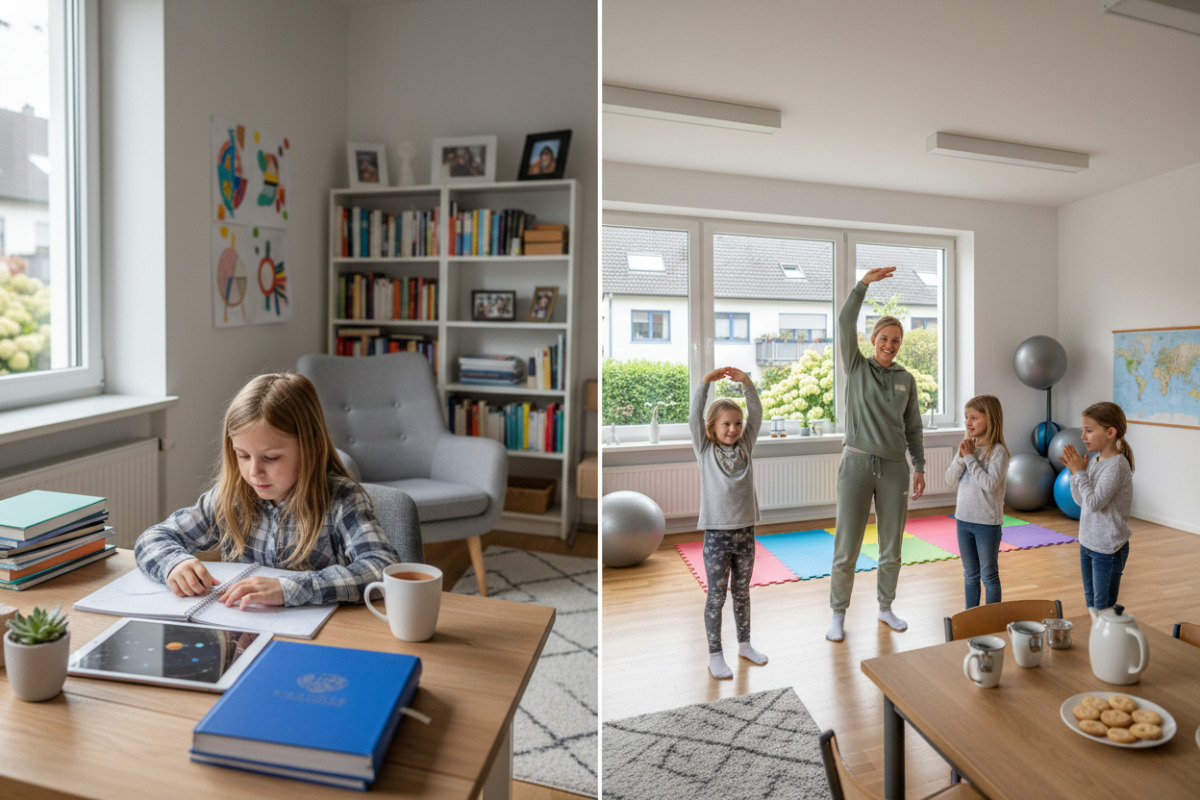 Die Bilder zeigen ruhige Lernsituationen, Bewegungspausen und kleine Alltagsrituale, die Konzentration in der .