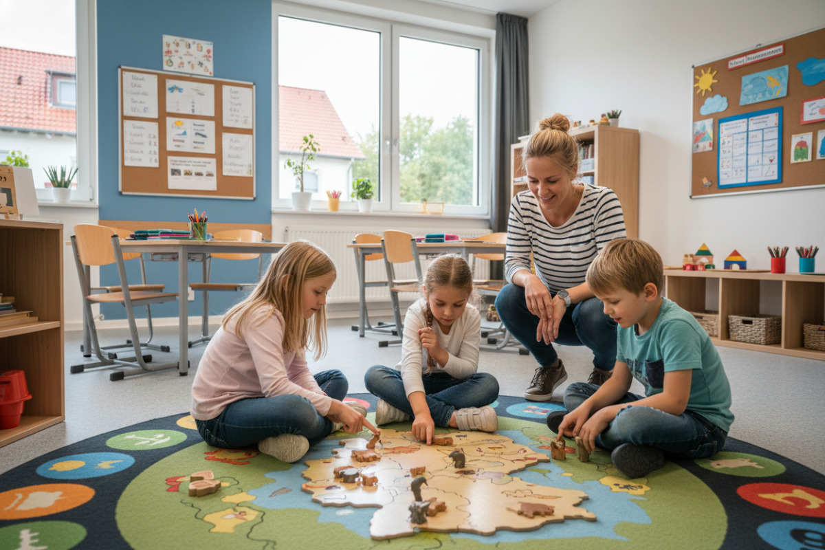 Die Bilder zeigen ruhige Lernsituationen, Bewegungspausen und kleine Alltagsrituale, die Konzentration in der .