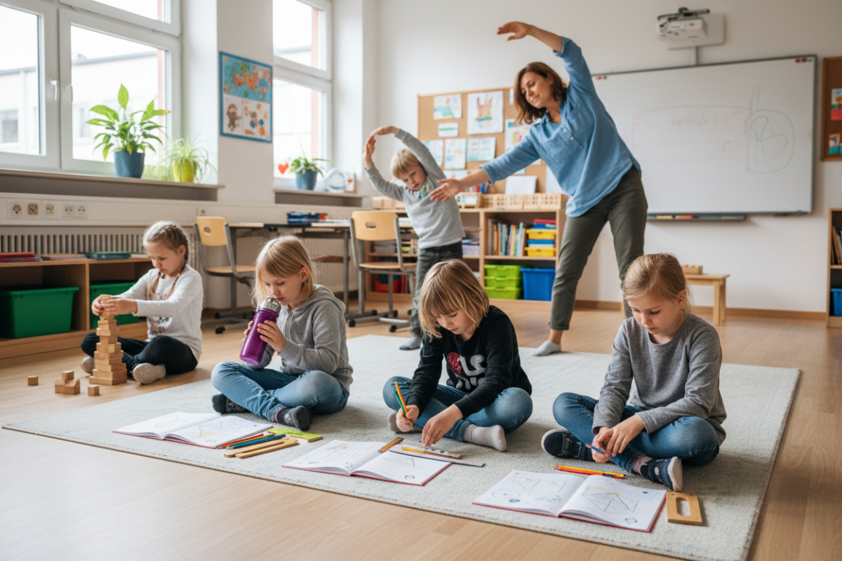 Die Bilder zeigen ruhige Lernsituationen, Bewegungspausen und kleine Alltagsrituale, die Konzentration in der .