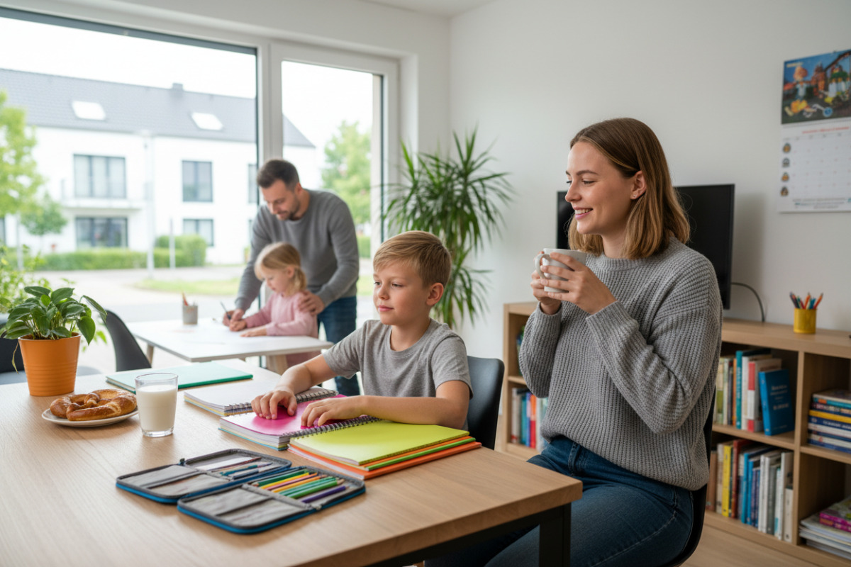 Alltagsszenen zeigen, wie ruhige Vorbereitung, Pausen, Unterstützung und kleine Erfolge freundliche Lernroutine stärken.