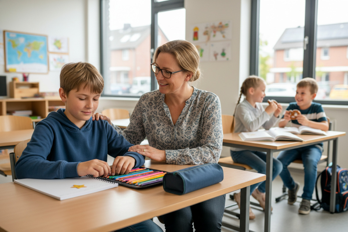 Alltagsszenen zeigen, wie ruhige Vorbereitung, Pausen, Unterstützung und kleine Erfolge freundliche Lernroutine stärken.