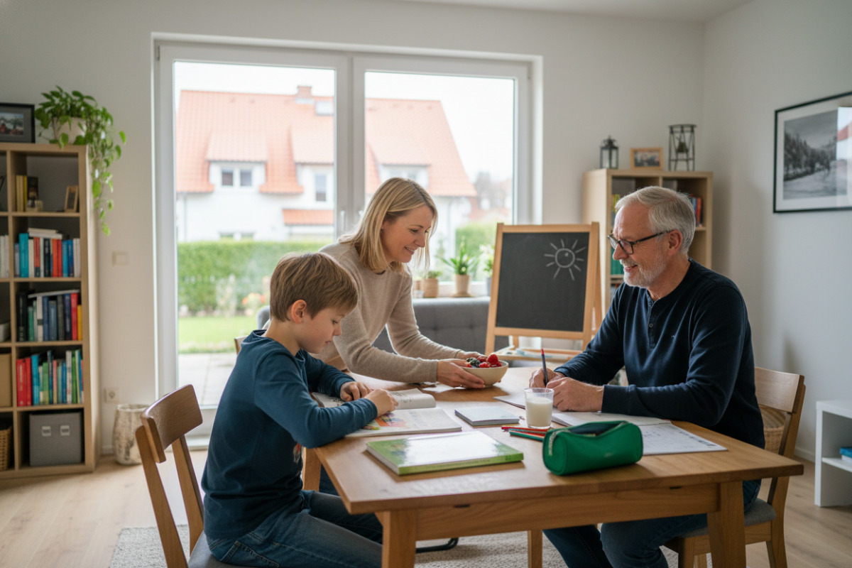 Alltagsszenen zeigen, wie ruhige Vorbereitung, Pausen, Unterstützung und kleine Erfolge freundliche Lernroutine stärken.