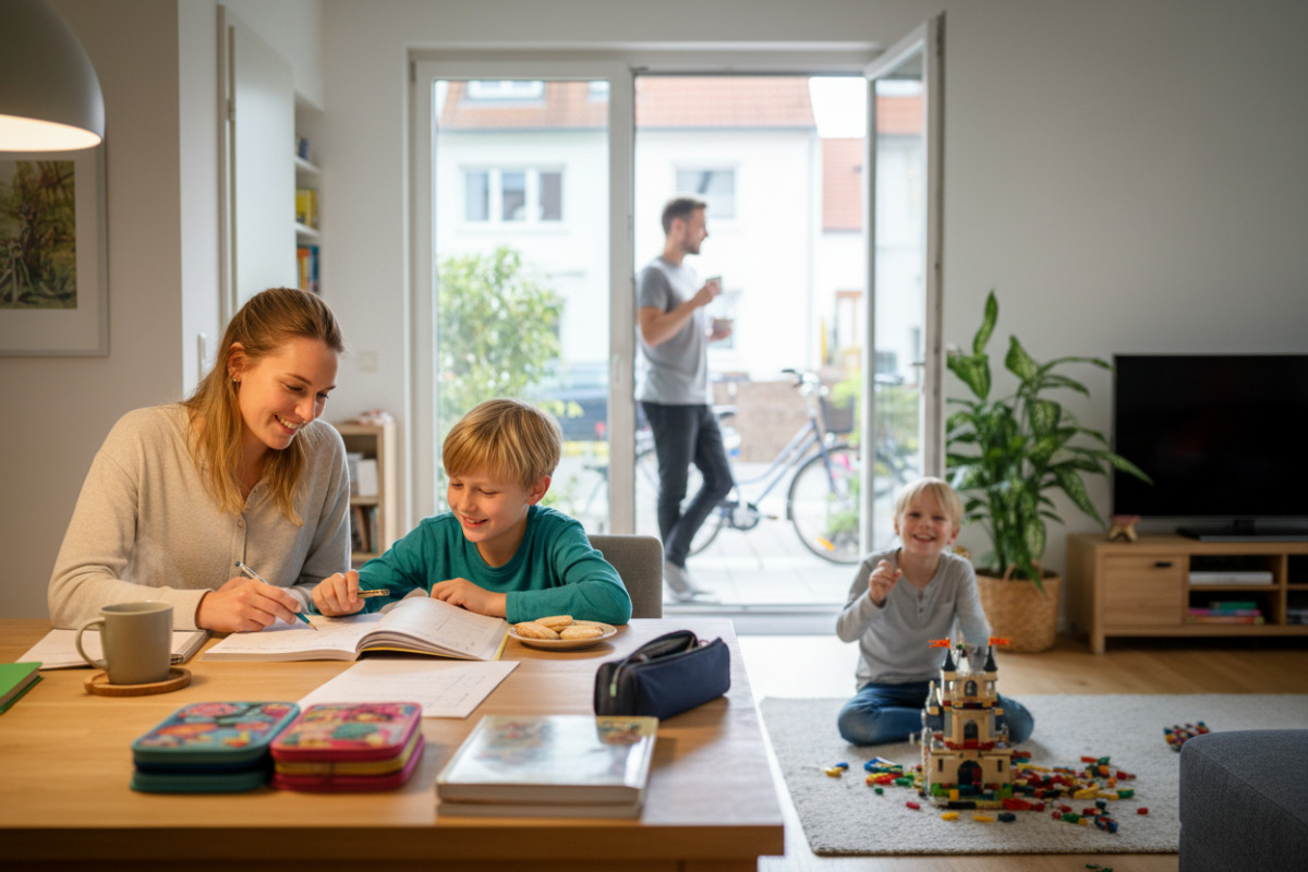 Alltagsszenen zeigen, wie ruhige Vorbereitung, Pausen, Unterstützung und kleine Erfolge freundliche Lernroutine stärken.