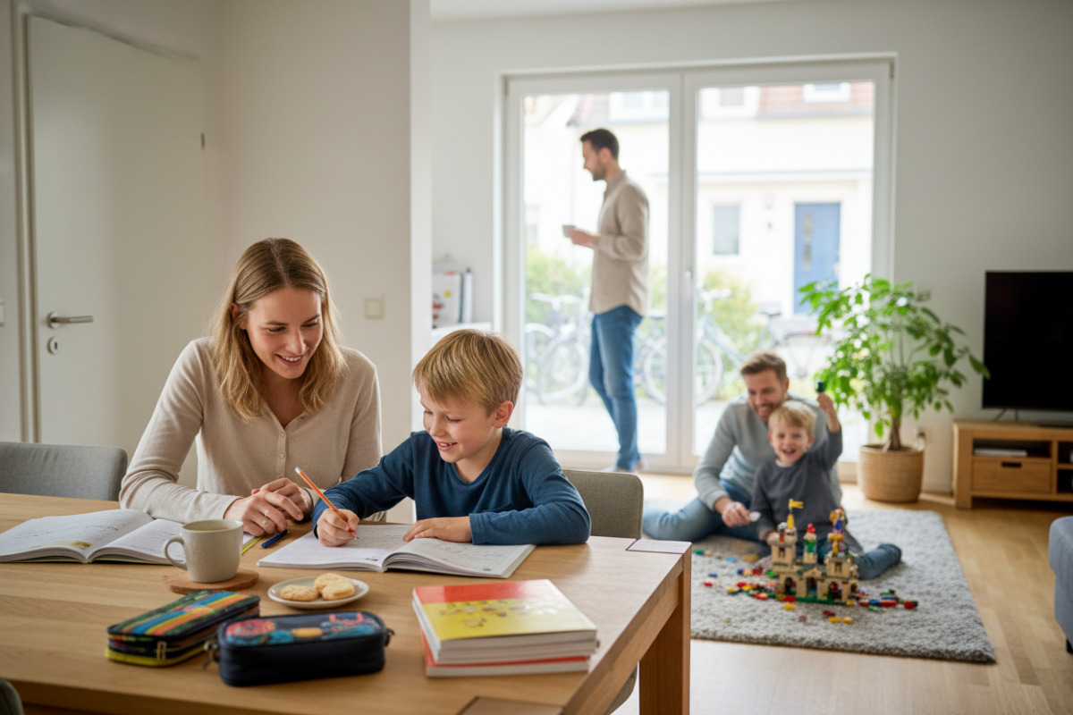 Alltagsszenen zeigen, wie ruhige Vorbereitung, Pausen, Unterstützung und kleine Erfolge freundliche Lernroutine stärken.
