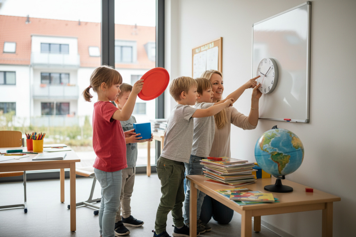 Die Bilder zeigen, wie Kinder runde und eckige Formen im Alltag vergleichen und dadurch Seiten und Ecken besser