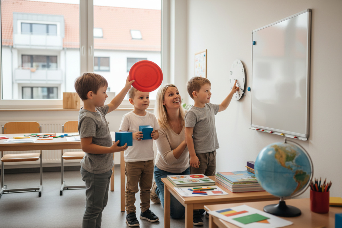 Die Bilder zeigen, wie Kinder runde und eckige Formen im Alltag vergleichen und dadurch Seiten und Ecken besser