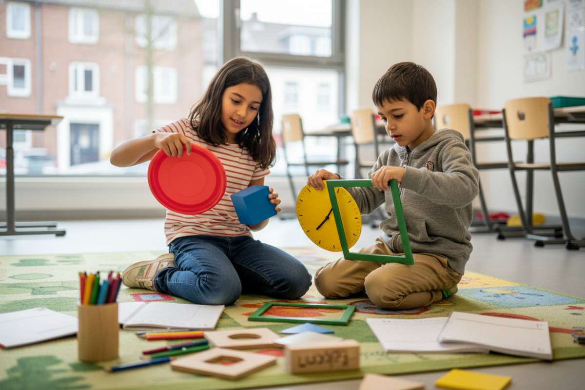 Die Bilder zeigen, wie Kinder runde und eckige Formen im Alltag vergleichen und dadurch Seiten und Ecken besser