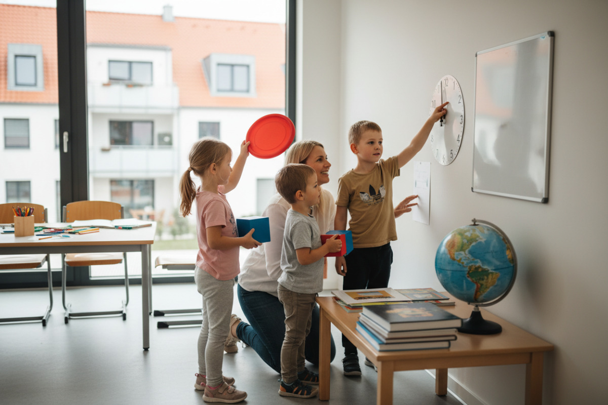 Die Bilder zeigen, wie Kinder runde und eckige Formen im Alltag vergleichen und dadurch Seiten und Ecken besser