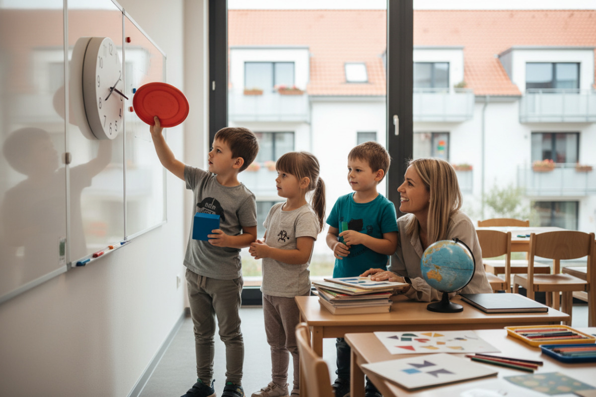 Die Bilder zeigen, wie Kinder runde und eckige Formen im Alltag vergleichen und dadurch Seiten und Ecken besser
