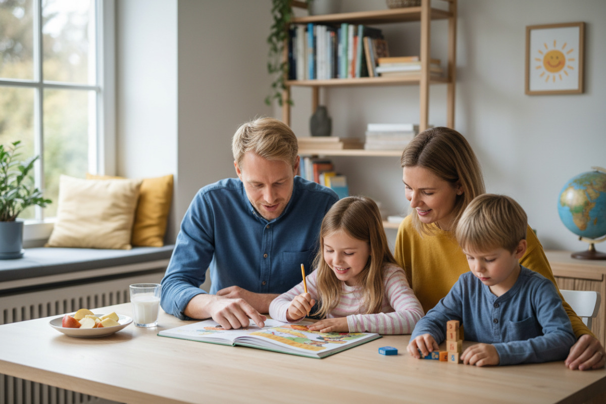 Kurze, freundliche Lernmomente im Alltag zeigen, wie Lesen, Rechnen, Pausen und kleine Rituale Kinder in der .