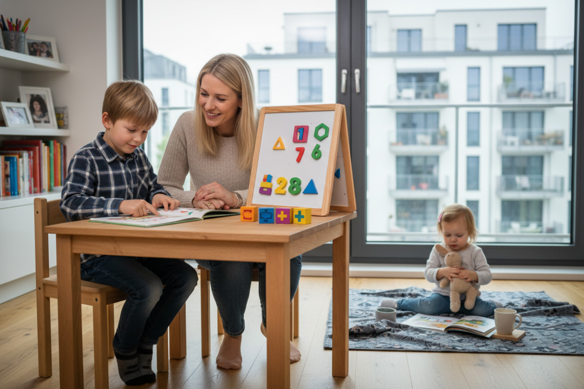 Kurze, freundliche Lernmomente im Alltag zeigen, wie Lesen, Rechnen, Pausen und kleine Rituale Kinder in der .