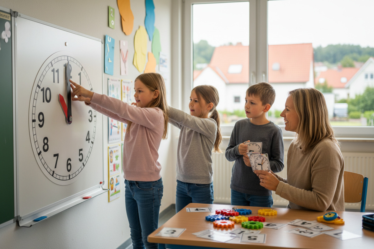 Alltagsszenen zeigen, wie Kinder analoge Uhrzeiten mit Bewegung, Gespräch und wiederkehrenden Übungen besser verstehen.