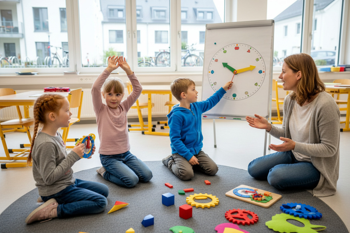 Alltagsszenen zeigen, wie Kinder analoge Uhrzeiten mit Bewegung, Gespräch und wiederkehrenden Übungen besser verstehen.