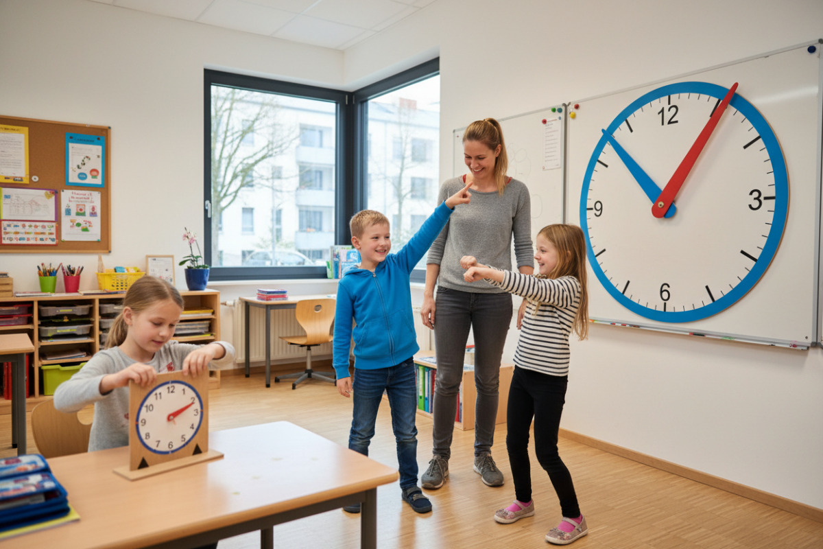 Alltagsszenen zeigen, wie Kinder analoge Uhrzeiten mit Bewegung, Gespräch und wiederkehrenden Übungen besser verstehen.