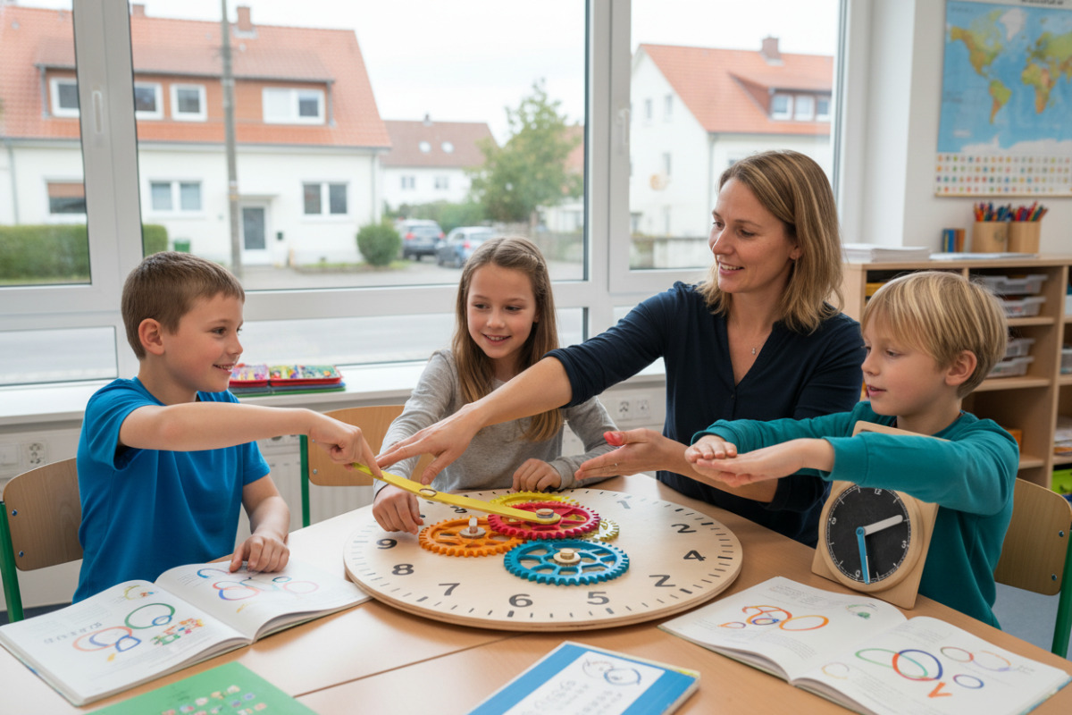Alltagsszenen zeigen, wie Kinder analoge Uhrzeiten mit Bewegung, Gespräch und wiederkehrenden Übungen besser verstehen.