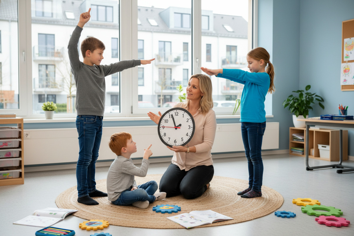 Alltagsszenen zeigen, wie Kinder analoge Uhrzeiten mit Bewegung, Gespräch und wiederkehrenden Übungen besser verstehen.