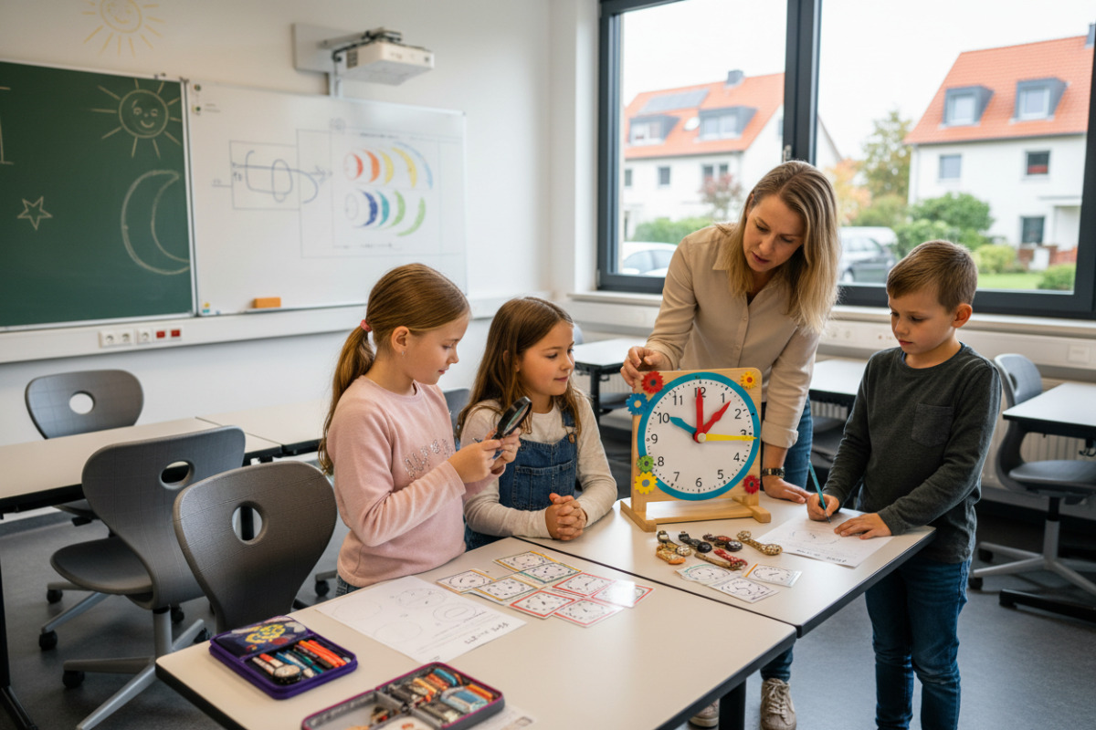 Abb. Bilder, Aufgaben und echte Uhren ergänzen sich beim Lernen besonders gut.