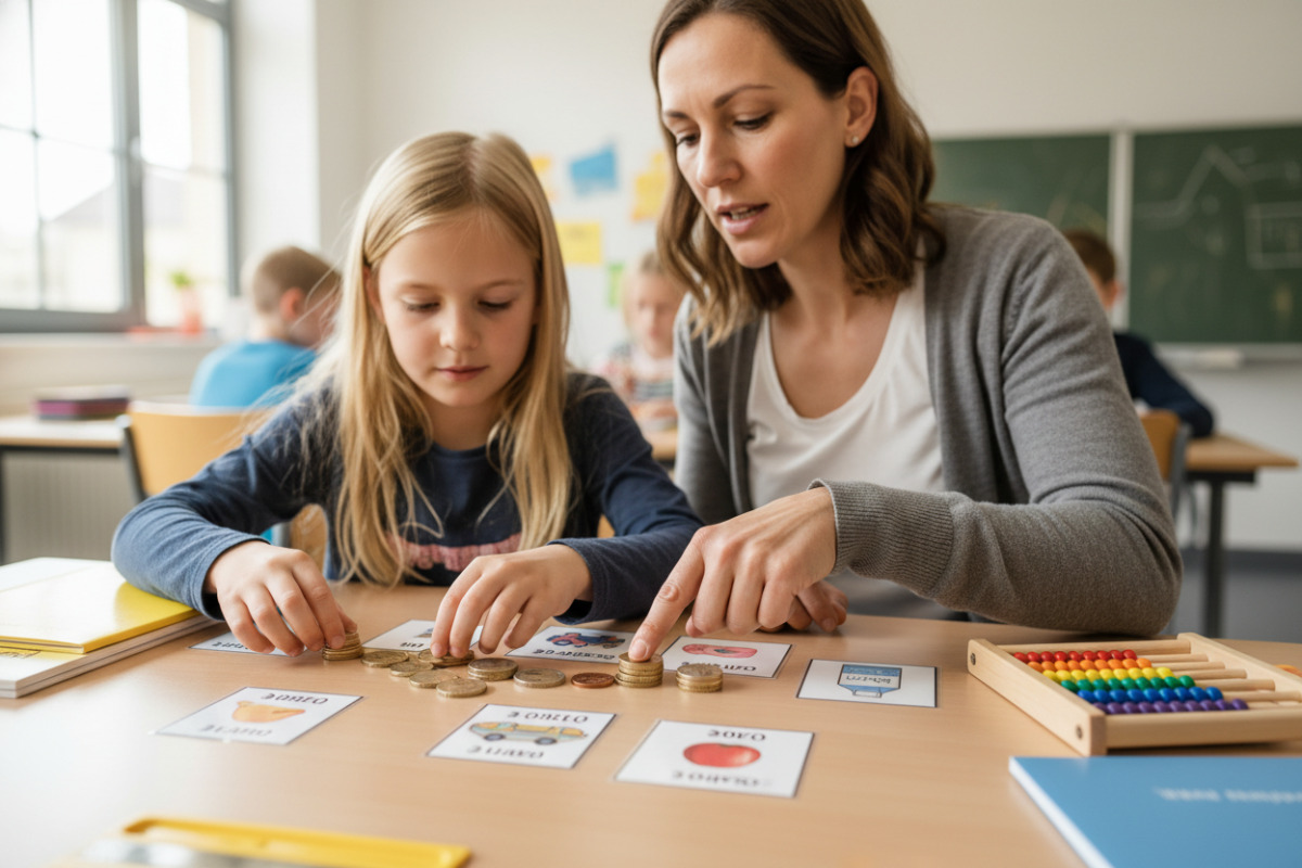 Abb. Preise und Münzen zusammenzulegen hilft beim Verstehen von Geldwerten.