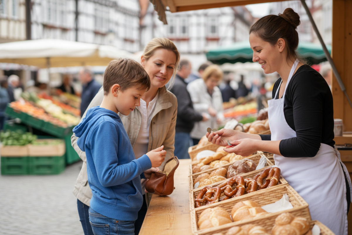 Abb. Auf Märkten oder beim Bäcker können Kinder Geldrechnen direkt anwenden.