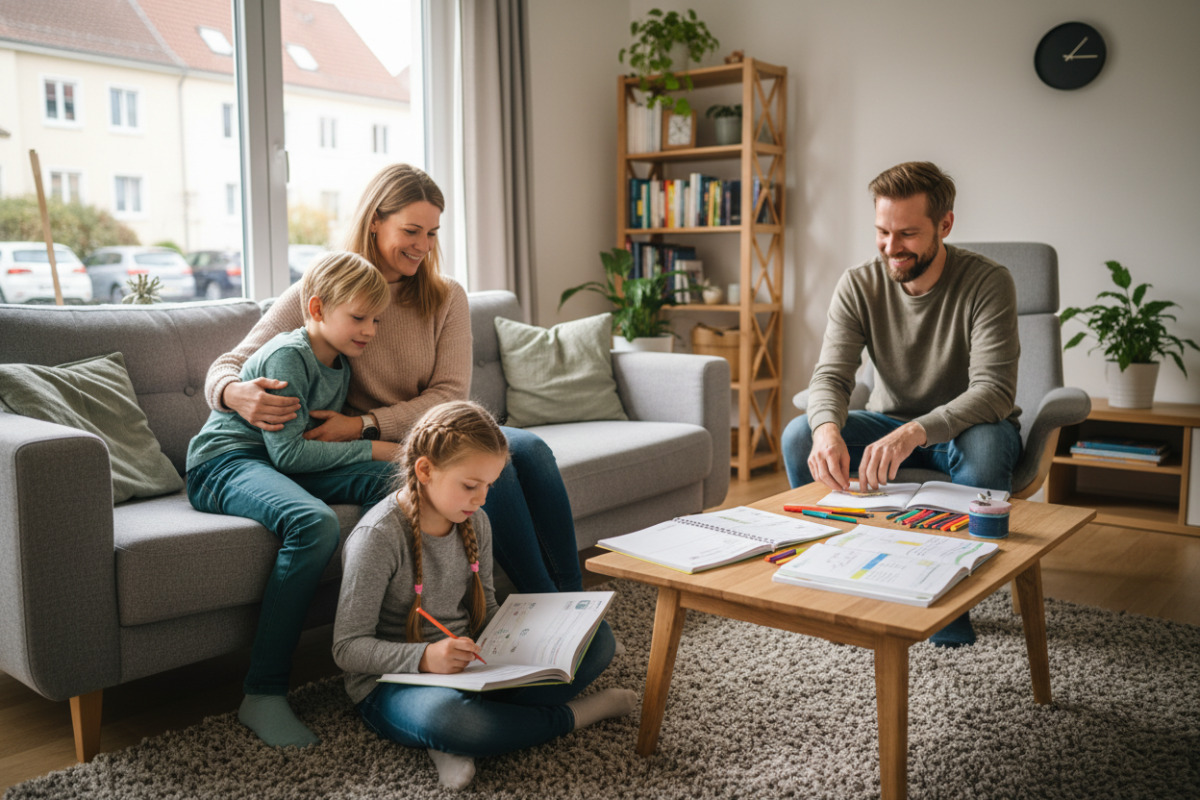 Abb. entspannte Hausaufgabenzeit beginnt oft mit Ruhe, Nähe und klaren Start.