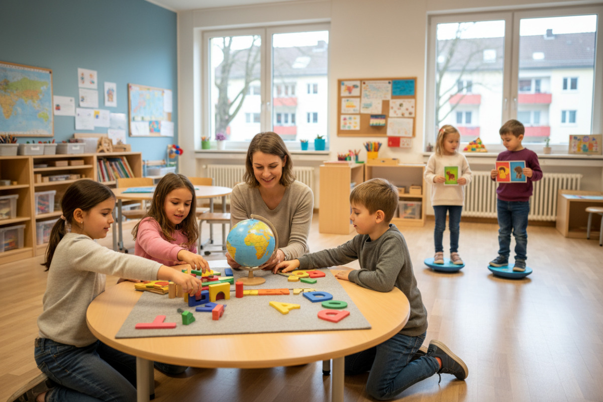 Alltagsszenen zeigen, wie Kinder in ruhiger Atmosphäre, mit Bewegung und anschaulichen Materialien leichter lernen