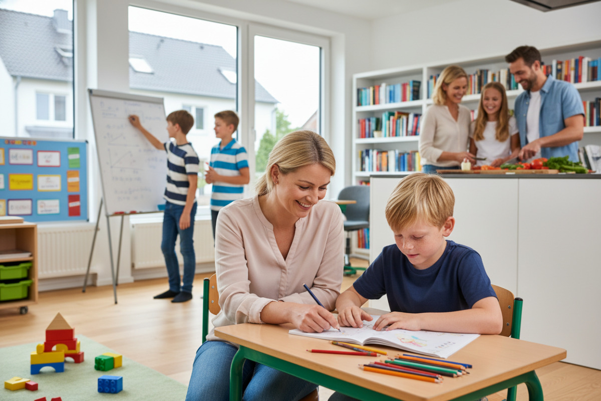 Die Bilder zeigen, wie Lernen von der Grundschule bis zur Oberstufe durch Beziehung, Übung und Alltagssituationen