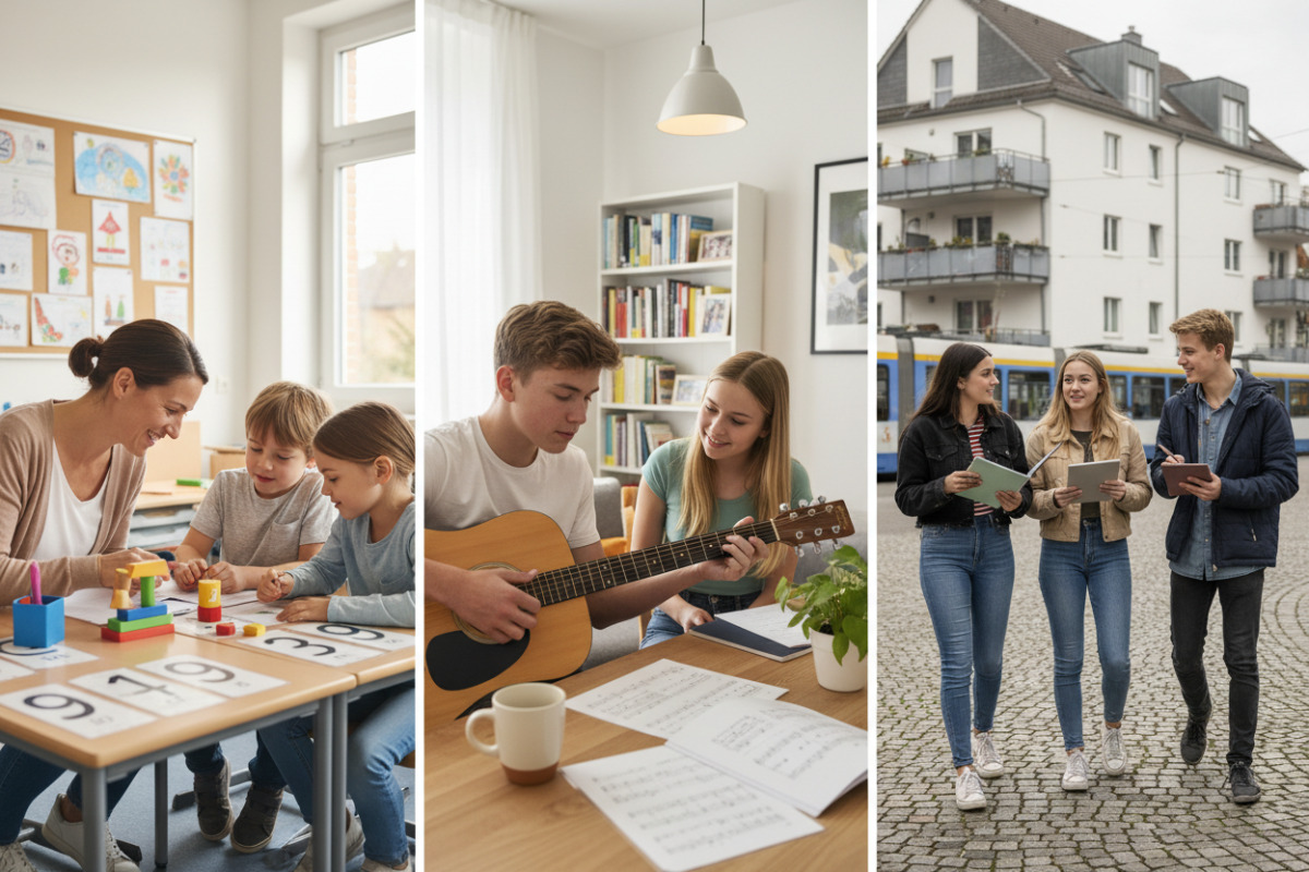 Die Bilder zeigen, wie Lernen von der Grundschule bis zur Oberstufe durch Beziehung, Übung und Alltagssituationen