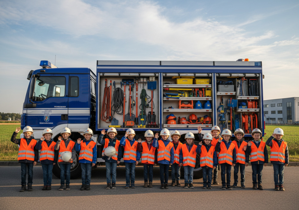 Kindergruppe vor einem THW-Fahrzeug