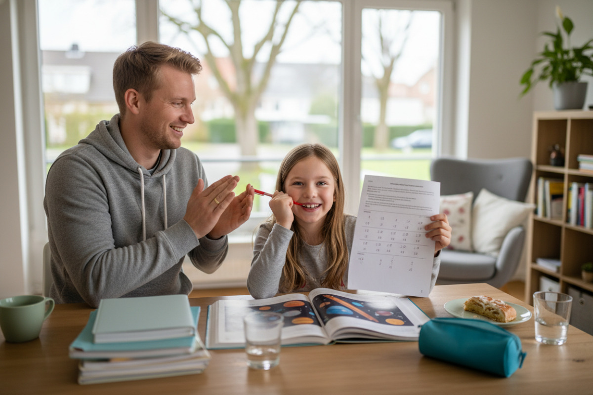 Die Bilder zeigen , entspannte Situationen rund um Hausaufgaben, Lesen, Rechnen, Pausen und kleine Erfolgserlebnisse im