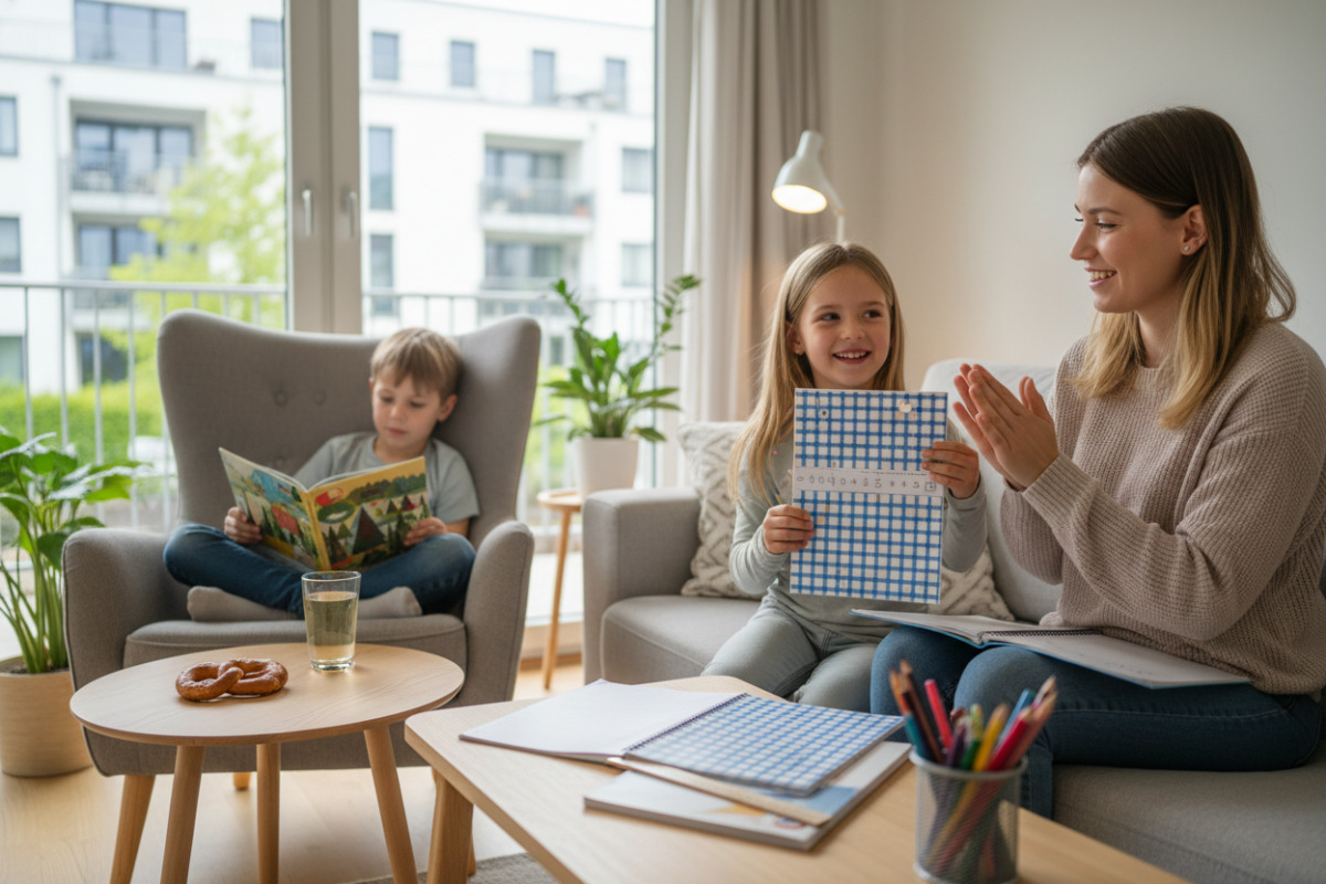 Die Bilder zeigen , entspannte Situationen rund um Hausaufgaben, Lesen, Rechnen, Pausen und kleine Erfolgserlebnisse im