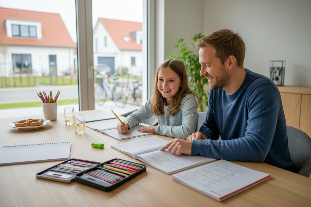 Die Bilder zeigen , entspannte Situationen rund um Hausaufgaben, Lesen, Rechnen, Pausen und kleine Erfolgserlebnisse im