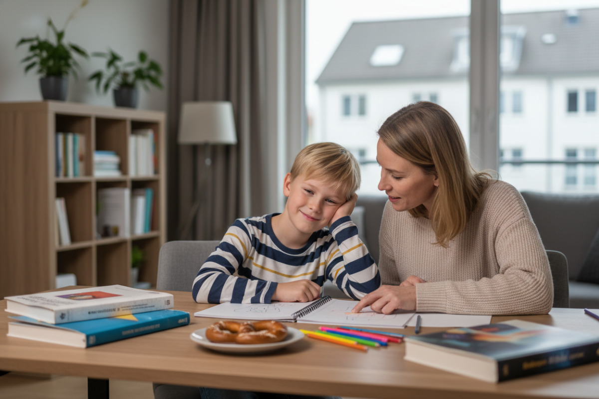 Die Bilder zeigen , entspannte Situationen rund um Hausaufgaben, Lesen, Rechnen, Pausen und kleine Erfolgserlebnisse im