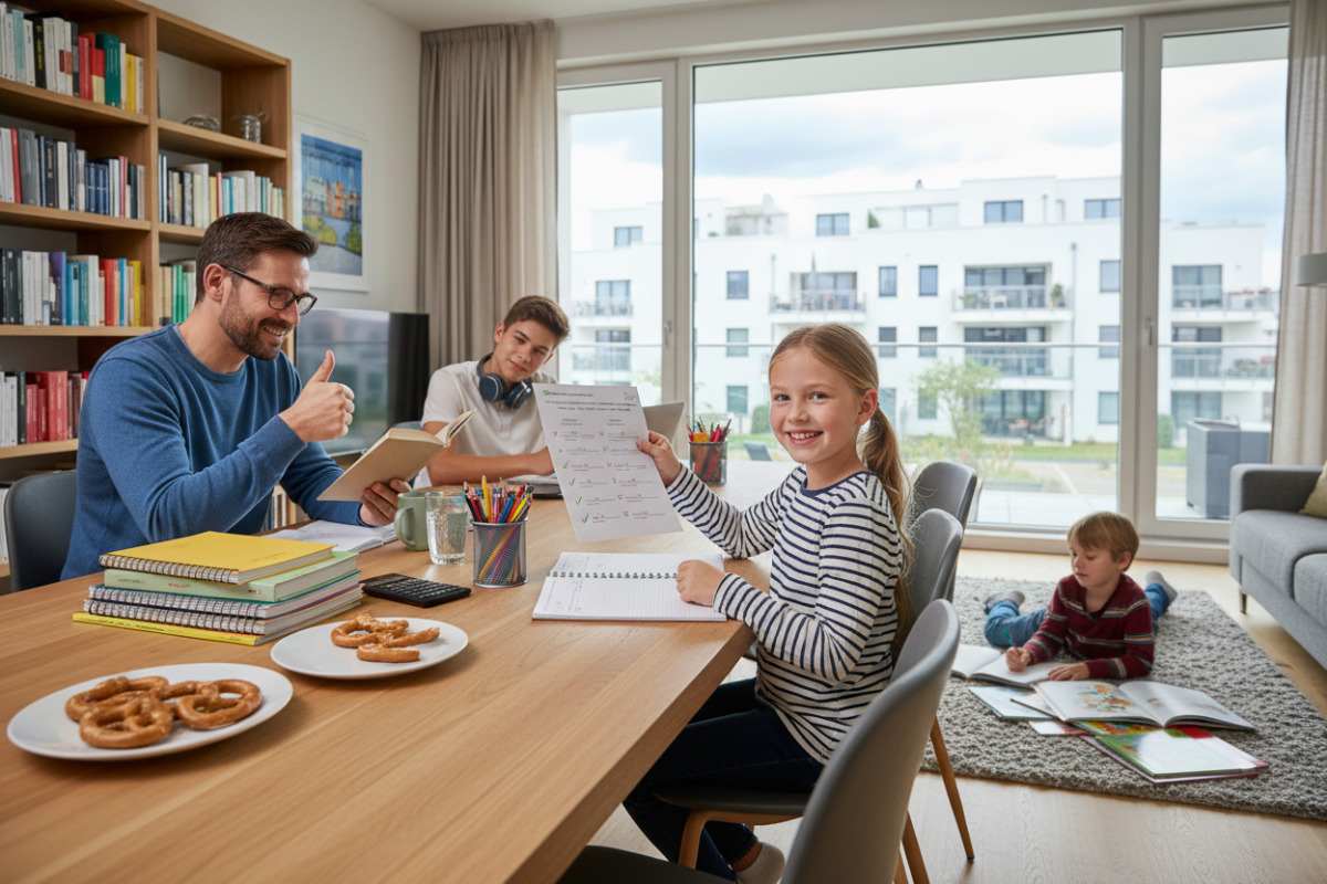 Die Bilder zeigen , entspannte Situationen rund um Hausaufgaben, Lesen, Rechnen, Pausen und kleine Erfolgserlebnisse im