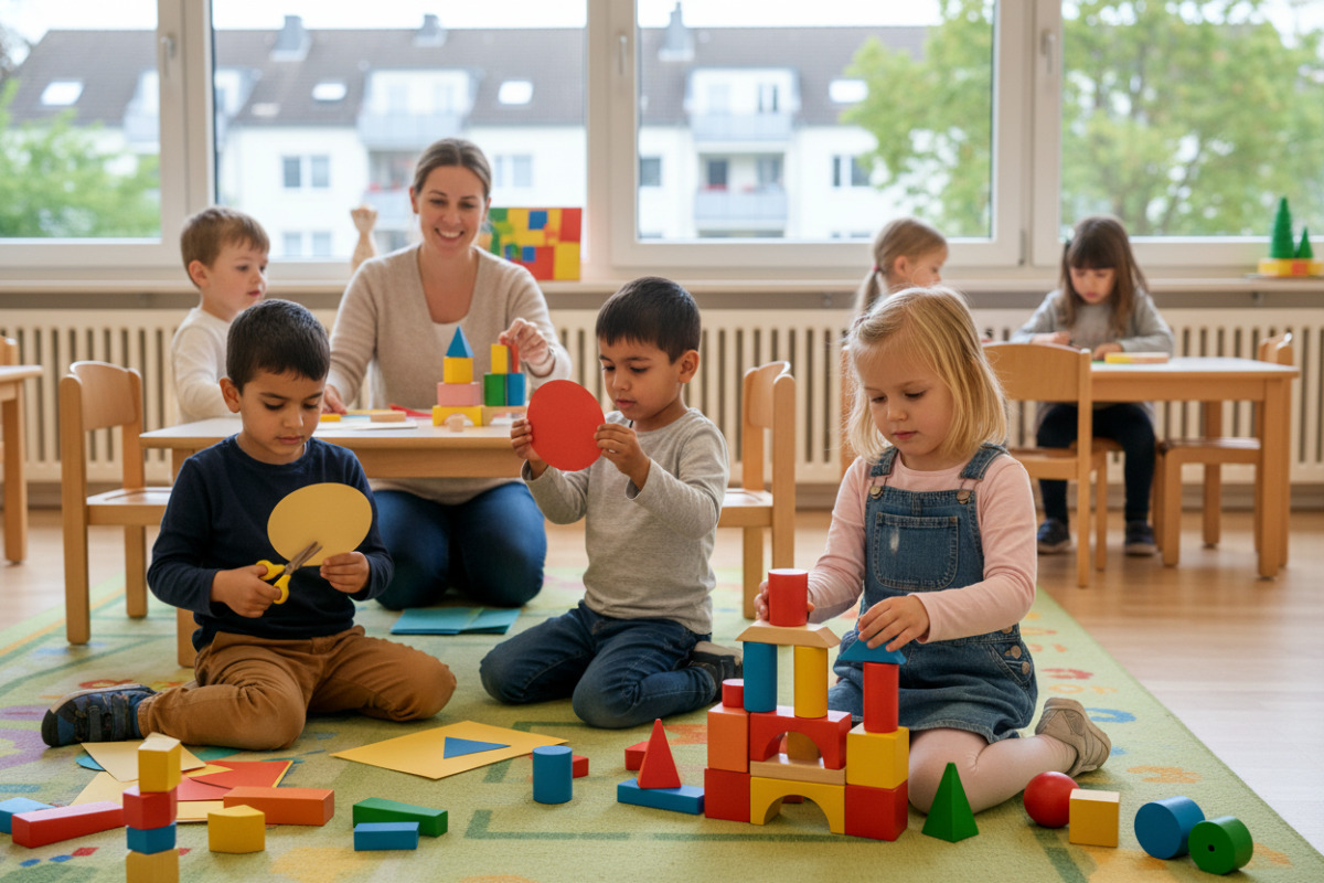 Kinder begegnen geometrischen Formen beim Spielen, Basteln, Bauen und im Alltag auf ganz natürliche Weise.