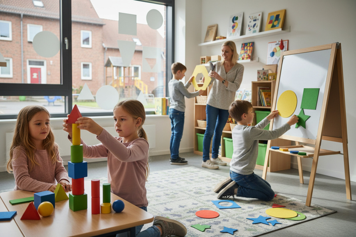 Kinder begegnen geometrischen Formen beim Spielen, Basteln, Bauen und im Alltag auf ganz natürliche Weise.