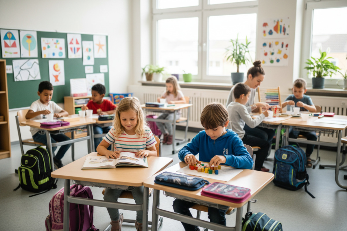 Die Bilder zeigen ruhige Lernsituationen, in denen Lesen, Rechnen und kleine Rituale den Schulalltag für Kinder