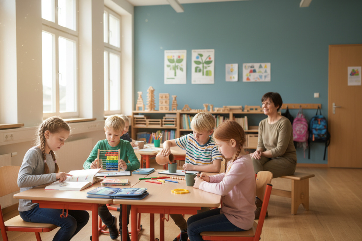 Die Bilder zeigen ruhige Lernsituationen, in denen Lesen, Rechnen und kleine Rituale den Schulalltag für Kinder