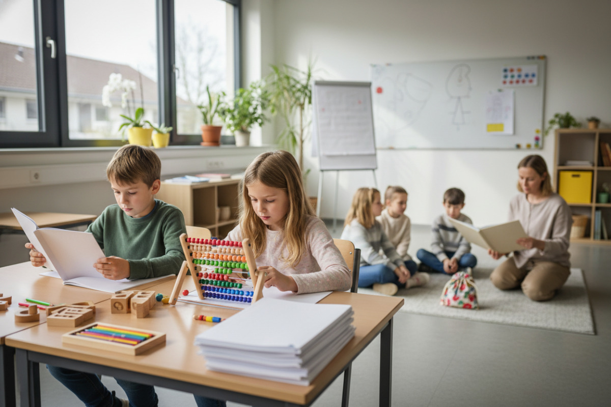 Die Bilder zeigen ruhige Lernsituationen, in denen Lesen, Rechnen und kleine Rituale den Schulalltag für Kinder