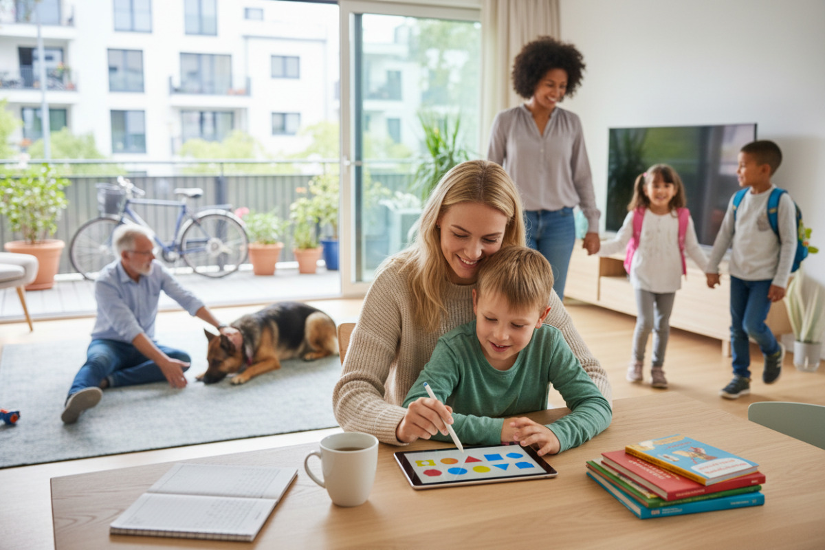 Die Bilder zeigen, wie kurze Lernphasen, Alltagshilfen, Bewegung und ruhige Begleitung gemeinsam freundliche