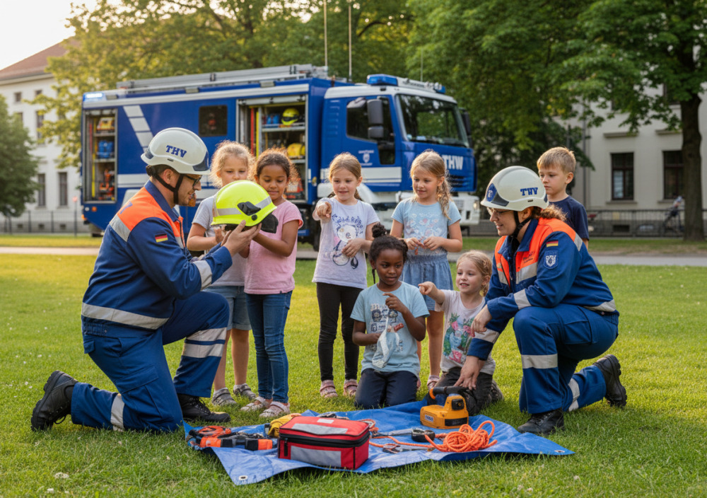 THW-Helfer zeigen Kindern Ausrüstung