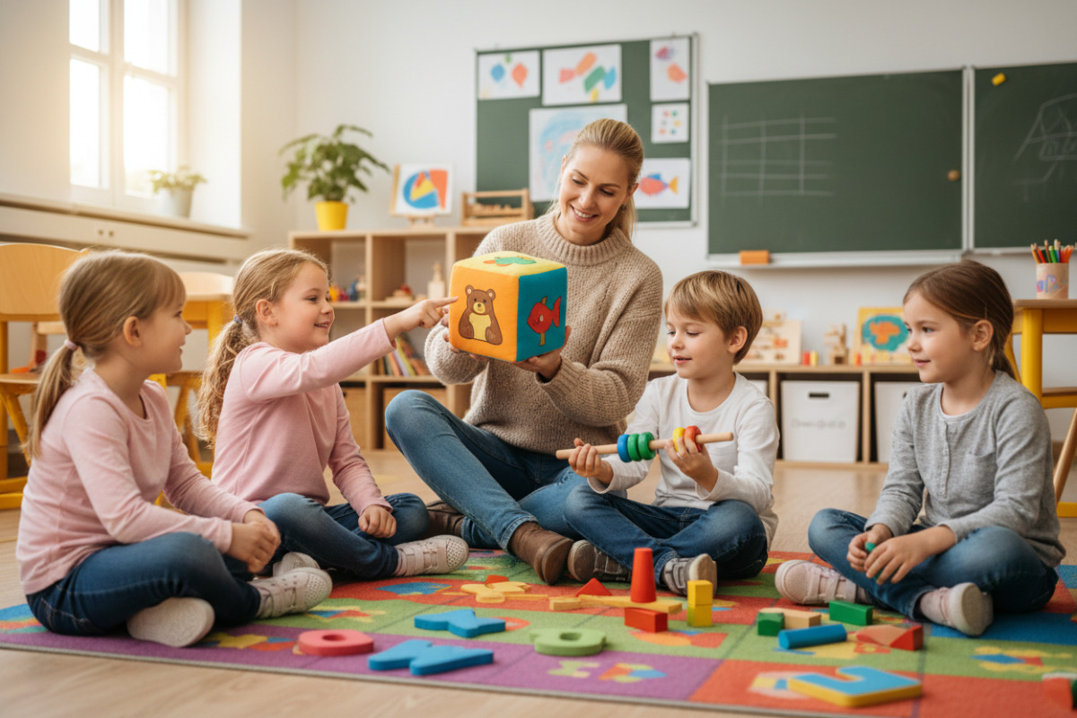 Die Bilder zeigen Situationen aus dem Anfangsunterricht, in denen Lesen, Rechnen und klare Übergänge spielerisch