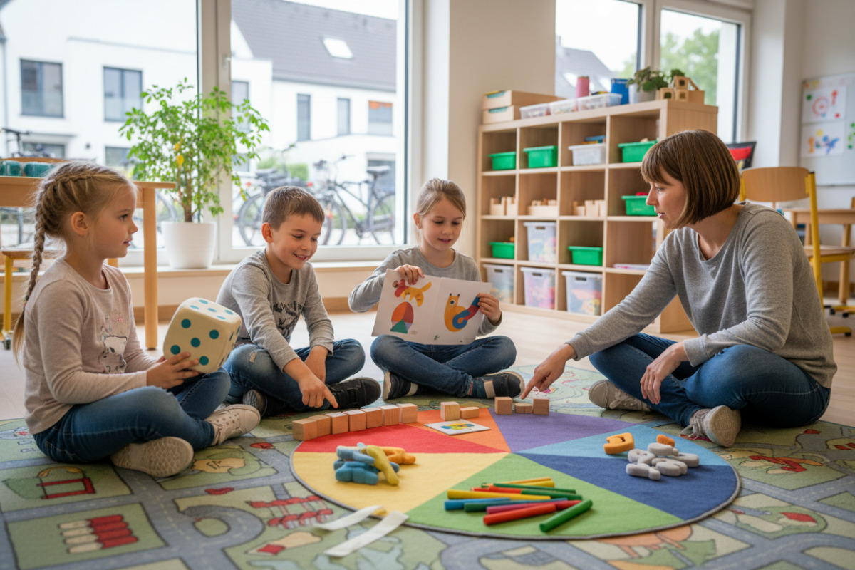 Die Bilder zeigen Situationen aus dem Anfangsunterricht, in denen Lesen, Rechnen und klare Übergänge spielerisch