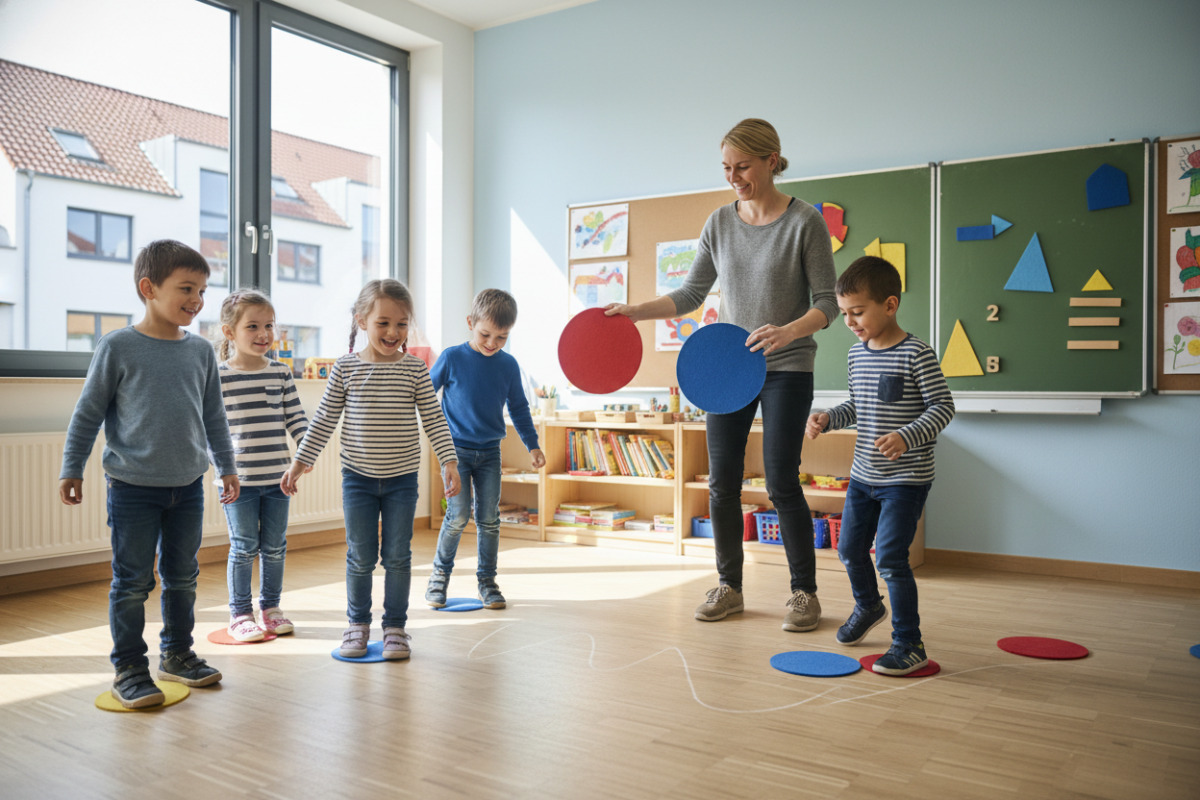 Die Bilder zeigen Situationen aus dem Anfangsunterricht, in denen Lesen, Rechnen und klare Übergänge spielerisch