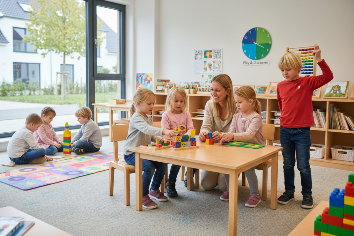 Die Bilder zeigen Situationen aus dem Anfangsunterricht, in denen Lesen, Rechnen und klare Übergänge spielerisch