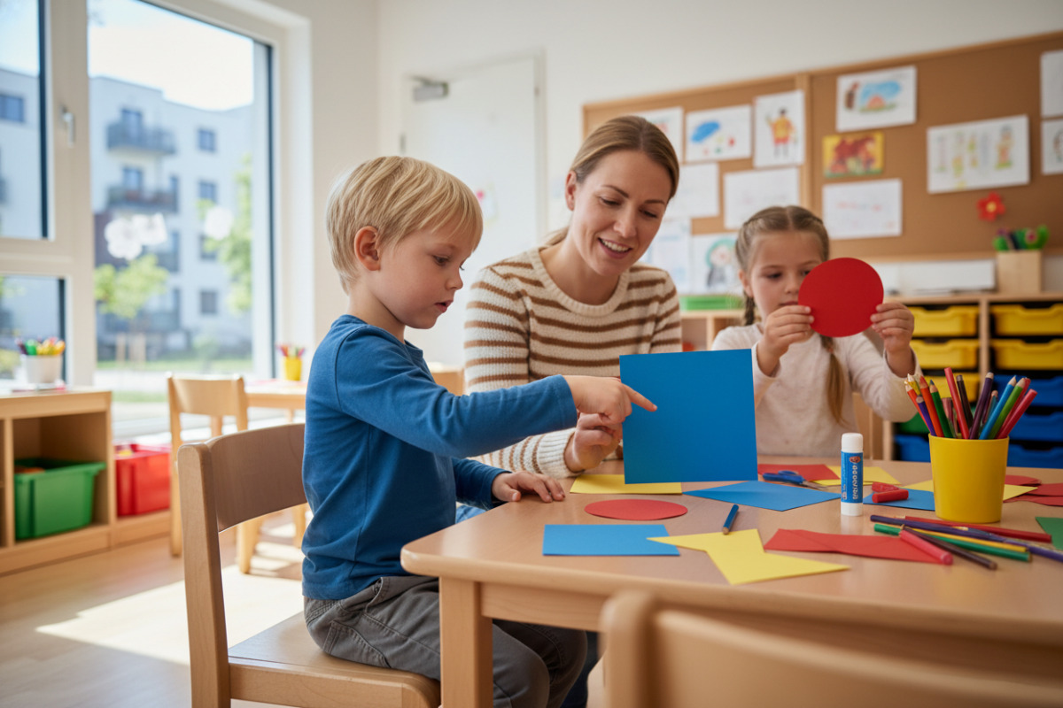Abb. Mit einfachen Papierformen können Kinder Unterschiede zwischen Kreis, Quadrat und Dreieck erkennen.